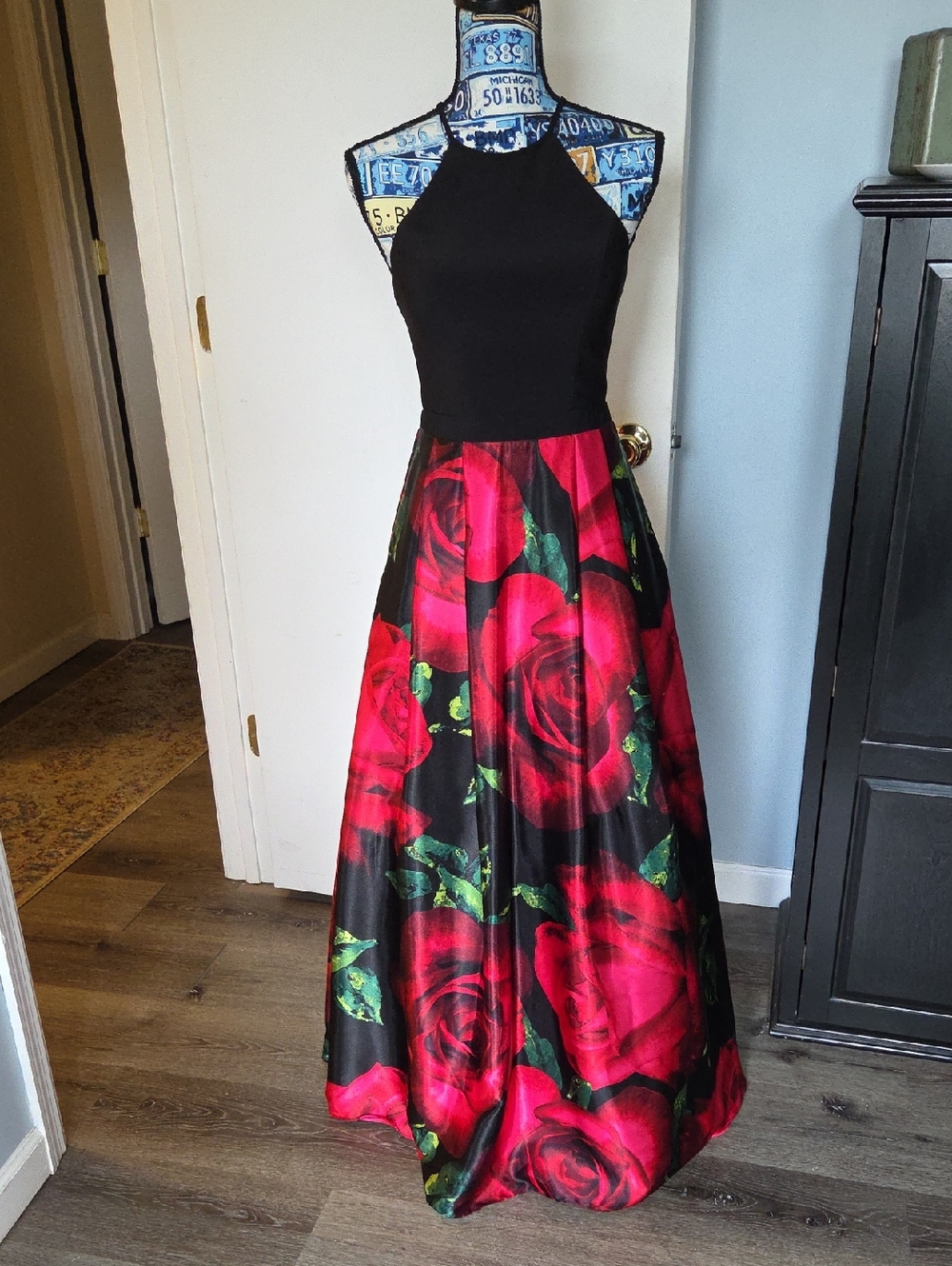 Floral & Black Halter Dress